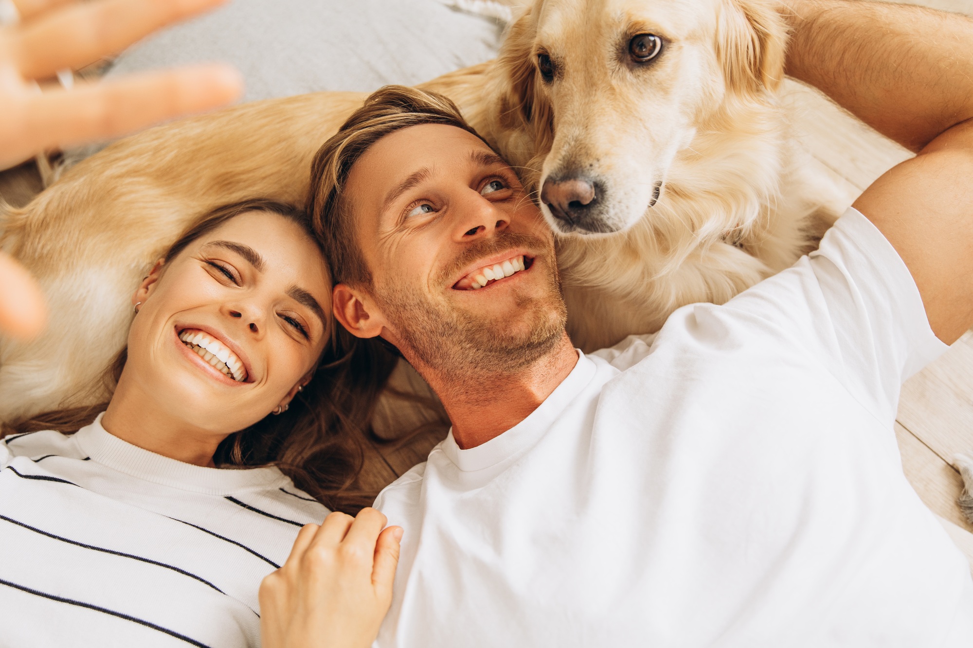 Beautiful family, happy couple embracing with golden retriever, lying together in cozy living room